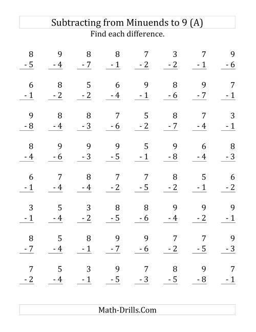 64 Subtraction Questions with Minuends up to 9 (A)