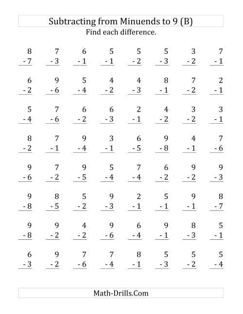 The 64 Subtraction Questions with Minuends up to 9 (B) Math Worksheet