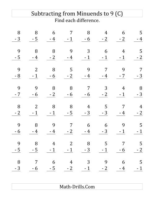 The 64 Subtraction Questions with Minuends up to 9 (C) Math Worksheet