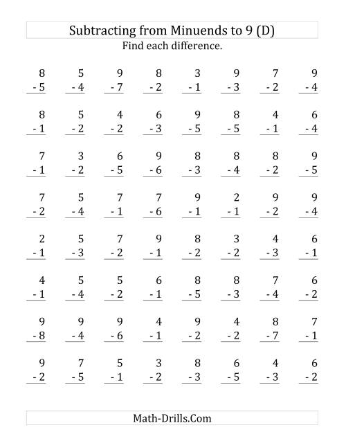 The 64 Subtraction Questions with Minuends up to 9 (D) Math Worksheet
