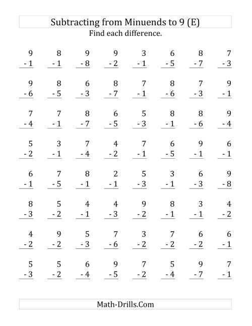 The 64 Subtraction Questions with Minuends up to 9 (E) Math Worksheet