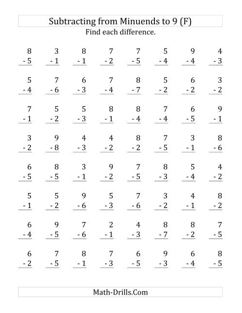 The 64 Subtraction Questions with Minuends up to 9 (F) Math Worksheet