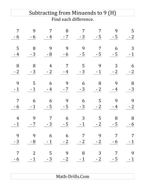 The 64 Subtraction Questions with Minuends up to 9 (H) Math Worksheet