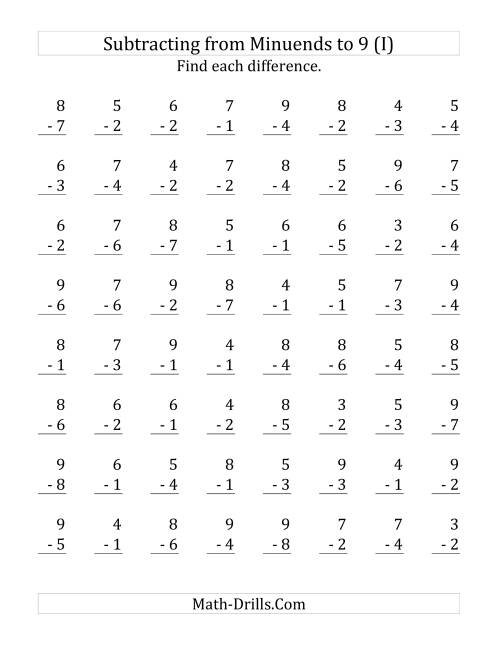 The 64 Subtraction Questions with Minuends up to 9 (I) Math Worksheet