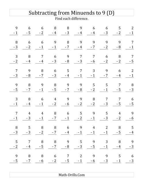 The 100 Subtraction Questions with Minuends up to 9 (D) Math Worksheet