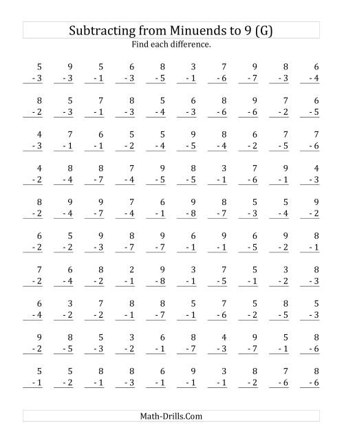 The 100 Subtraction Questions with Minuends up to 9 (G) Math Worksheet