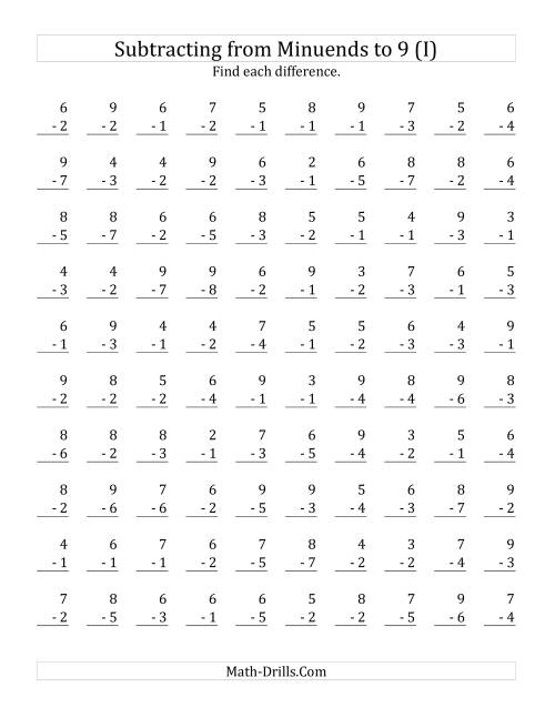 The 100 Subtraction Questions with Minuends up to 9 (I) Math Worksheet