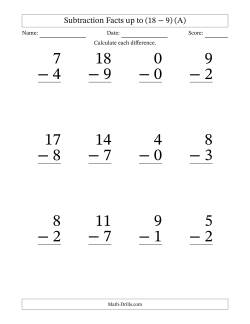 Subtraction Facts from (0 − 0) to (18 − 9) – 12 Large Print Questions