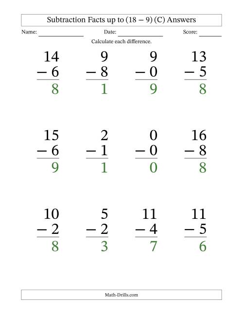 The Subtraction Facts from (0 − 0) to (18 − 9) – 12 Large Print Questions (C) Math Worksheet Page 2