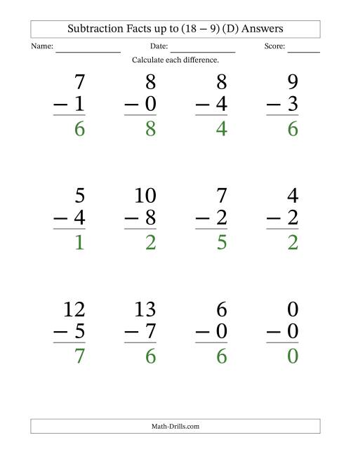 The Subtraction Facts from (0 − 0) to (18 − 9) – 12 Large Print Questions (D) Math Worksheet Page 2