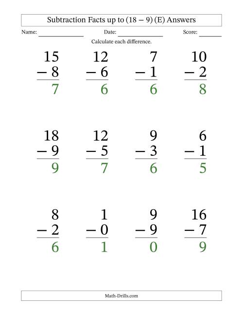 The Subtraction Facts from (0 − 0) to (18 − 9) – 12 Large Print Questions (E) Math Worksheet Page 2