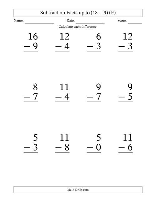 The Subtraction Facts from (0 − 0) to (18 − 9) – 12 Large Print Questions (F) Math Worksheet