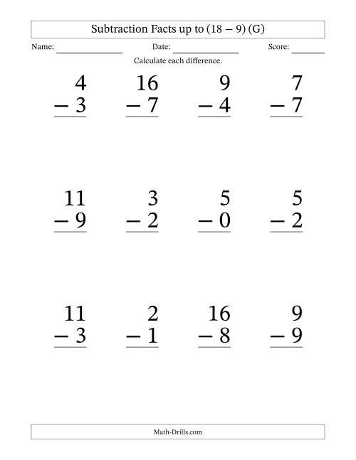 The Subtraction Facts from (0 − 0) to (18 − 9) – 12 Large Print Questions (G) Math Worksheet