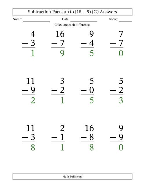 The Subtraction Facts from (0 − 0) to (18 − 9) – 12 Large Print Questions (G) Math Worksheet Page 2