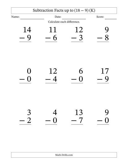 The Subtraction Facts from (0 − 0) to (18 − 9) – 12 Large Print Questions (K) Math Worksheet