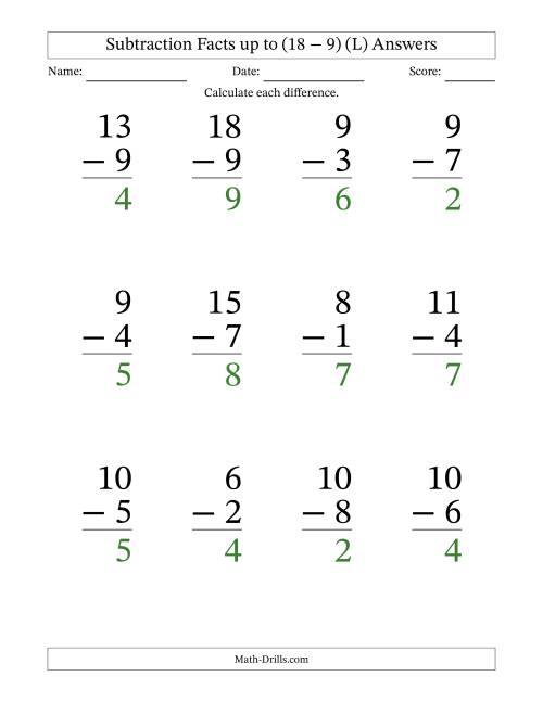 The Subtraction Facts from (0 − 0) to (18 − 9) – 12 Large Print Questions (L) Math Worksheet Page 2