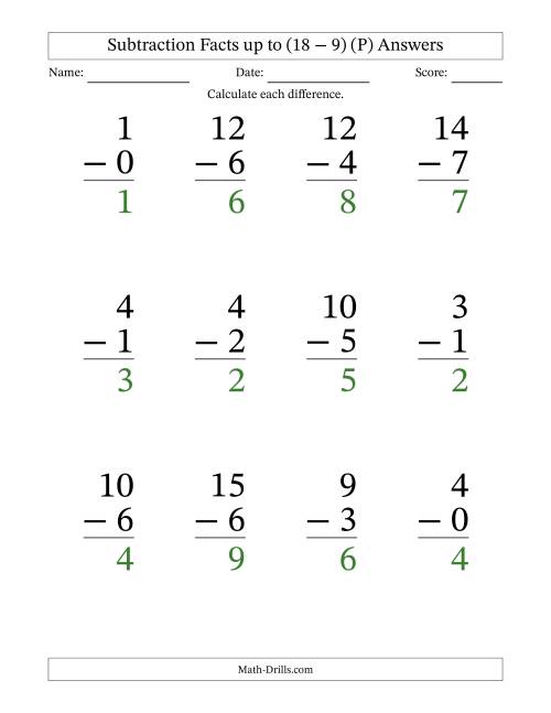 The Subtraction Facts from (0 − 0) to (18 − 9) – 12 Large Print Questions (P) Math Worksheet Page 2