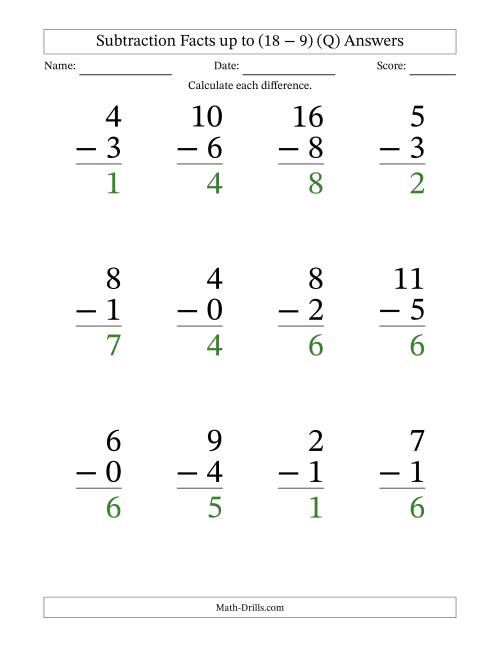 The Subtraction Facts from (0 − 0) to (18 − 9) – 12 Large Print Questions (Q) Math Worksheet Page 2