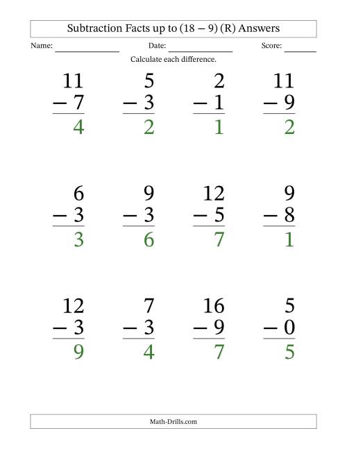 The Subtraction Facts from (0 − 0) to (18 − 9) – 12 Large Print Questions (R) Math Worksheet Page 2