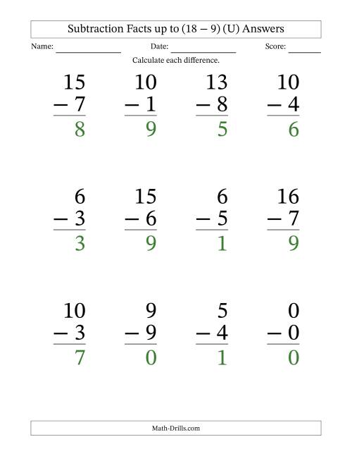 The Subtraction Facts from (0 − 0) to (18 − 9) – 12 Large Print Questions (U) Math Worksheet Page 2