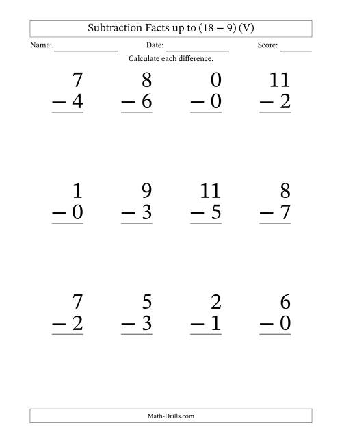 The Subtraction Facts from (0 − 0) to (18 − 9) – 12 Large Print Questions (V) Math Worksheet