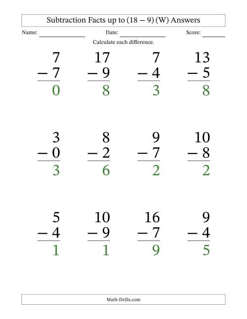 The Subtraction Facts from (0 − 0) to (18 − 9) – 12 Large Print Questions (W) Math Worksheet Page 2