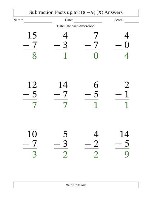 The Subtraction Facts from (0 − 0) to (18 − 9) – 12 Large Print Questions (X) Math Worksheet Page 2