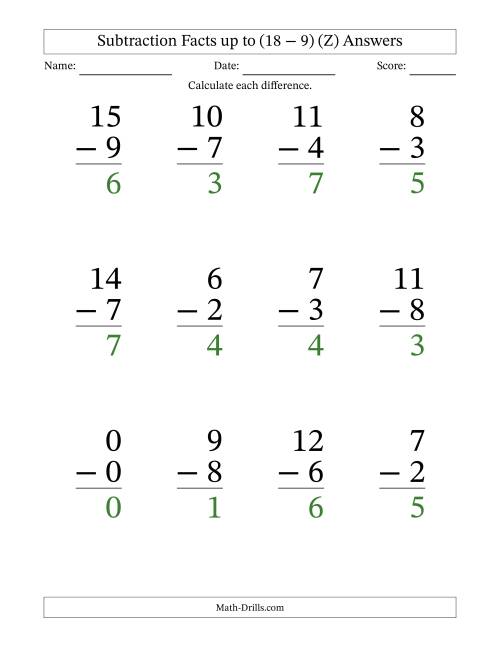 The Subtraction Facts from (0 − 0) to (18 − 9) – 12 Large Print Questions (Z) Math Worksheet Page 2