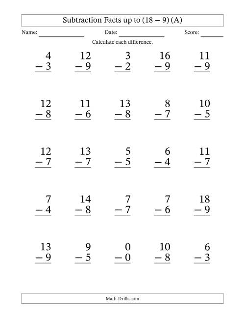 The Subtraction Facts from (0 − 0) to (18 − 9) – 25 Large Print Questions (A) Math Worksheet