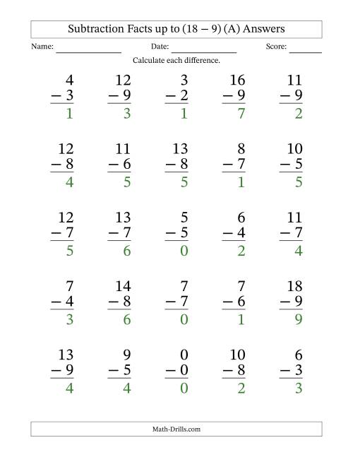 The Subtraction Facts from (0 − 0) to (18 − 9) – 25 Large Print Questions (A) Math Worksheet Page 2