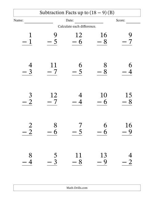 The Subtraction Facts from (0 − 0) to (18 − 9) – 25 Large Print Questions (B) Math Worksheet