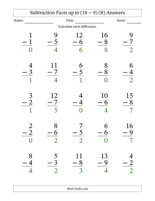 The Subtraction Facts from (0 − 0) to (18 − 9) – 25 Large Print Questions (B) Math Worksheet Page 2