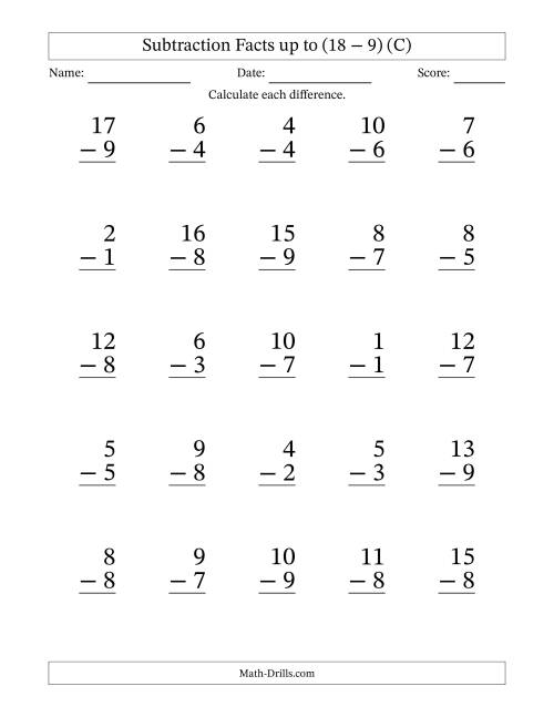 The Subtraction Facts from (0 − 0) to (18 − 9) – 25 Large Print Questions (C) Math Worksheet