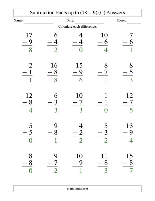 The Subtraction Facts from (0 − 0) to (18 − 9) – 25 Large Print Questions (C) Math Worksheet Page 2