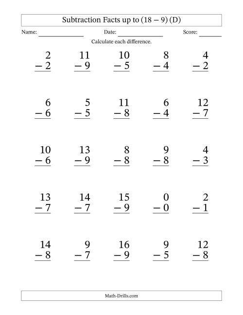 The Subtraction Facts from (0 − 0) to (18 − 9) – 25 Large Print Questions (D) Math Worksheet