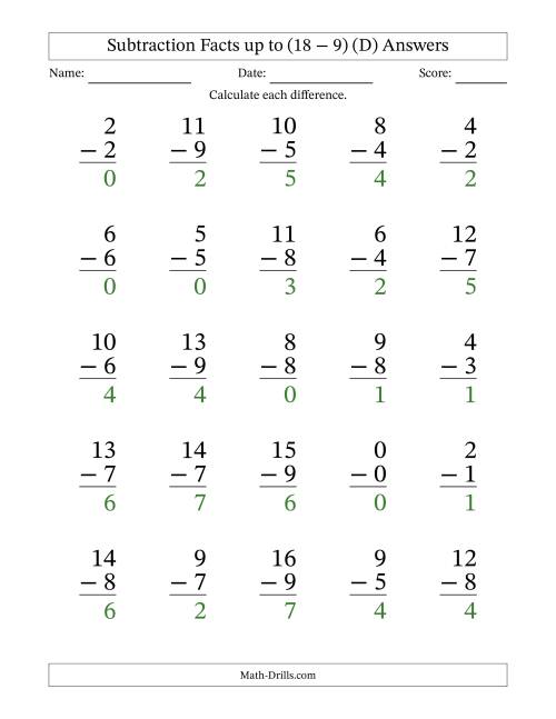 The Subtraction Facts from (0 − 0) to (18 − 9) – 25 Large Print Questions (D) Math Worksheet Page 2