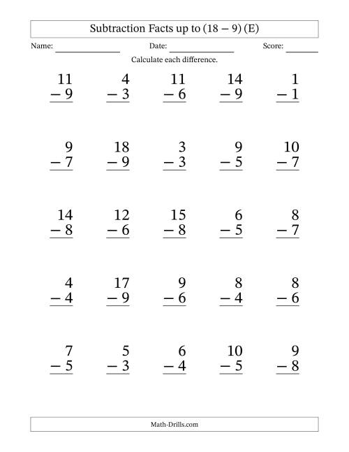 The Subtraction Facts from (0 − 0) to (18 − 9) – 25 Large Print Questions (E) Math Worksheet