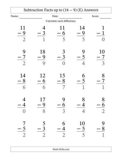 The 25 Vertical Subtraction Facts with Minuends from 0 to 18 (E) Math Worksheet Page 2