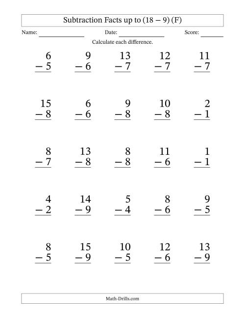 The Subtraction Facts from (0 − 0) to (18 − 9) – 25 Large Print Questions (F) Math Worksheet