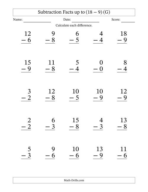 The Subtraction Facts from (0 − 0) to (18 − 9) – 25 Large Print Questions (G) Math Worksheet