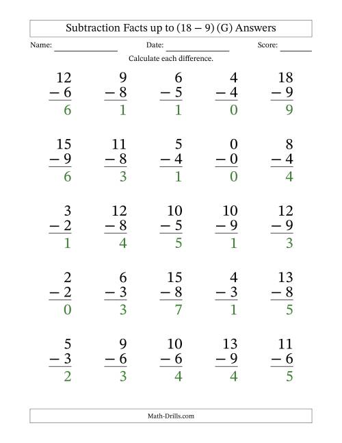 The Subtraction Facts from (0 − 0) to (18 − 9) – 25 Large Print Questions (G) Math Worksheet Page 2