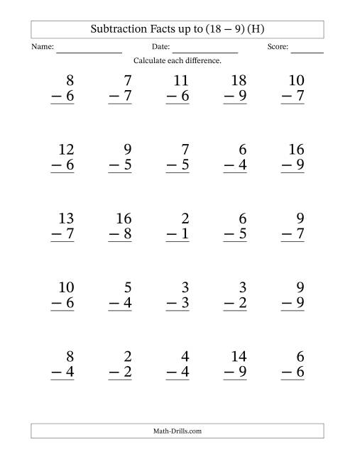 The Subtraction Facts from (0 − 0) to (18 − 9) – 25 Large Print Questions (H) Math Worksheet