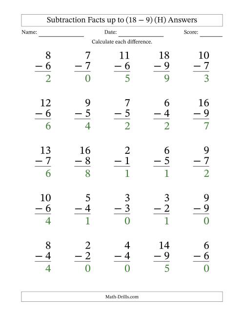The Subtraction Facts from (0 − 0) to (18 − 9) – 25 Large Print Questions (H) Math Worksheet Page 2