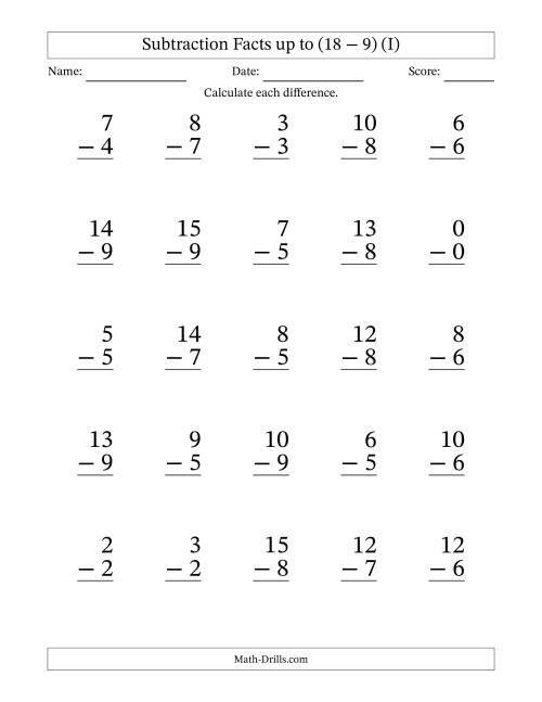 The Subtraction Facts from (0 − 0) to (18 − 9) – 25 Large Print Questions (I) Math Worksheet
