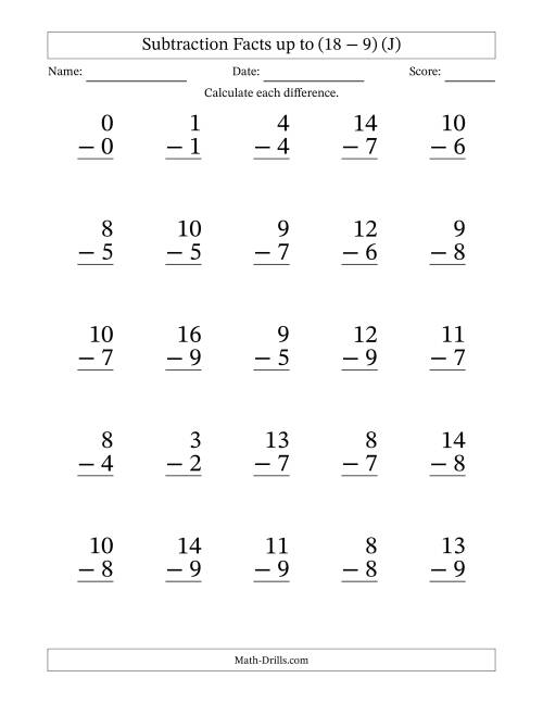 The Subtraction Facts from (0 − 0) to (18 − 9) – 25 Large Print Questions (J) Math Worksheet