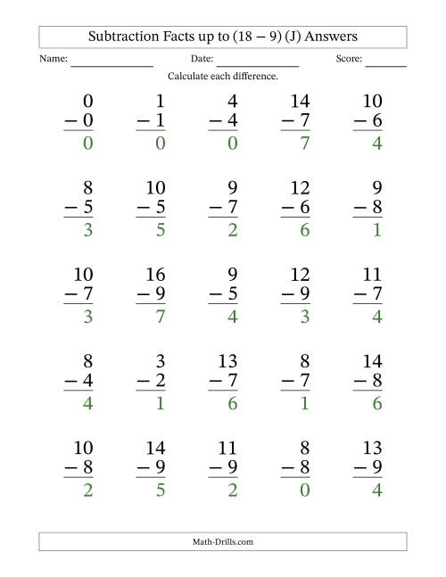The Subtraction Facts from (0 − 0) to (18 − 9) – 25 Large Print Questions (J) Math Worksheet Page 2