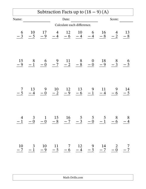 The Subtraction Facts from (0 − 0) to (18 − 9) – 50 Questions (A) Math Worksheet