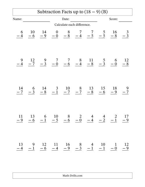 The Subtraction Facts from (0 − 0) to (18 − 9) – 50 Questions (B) Math Worksheet