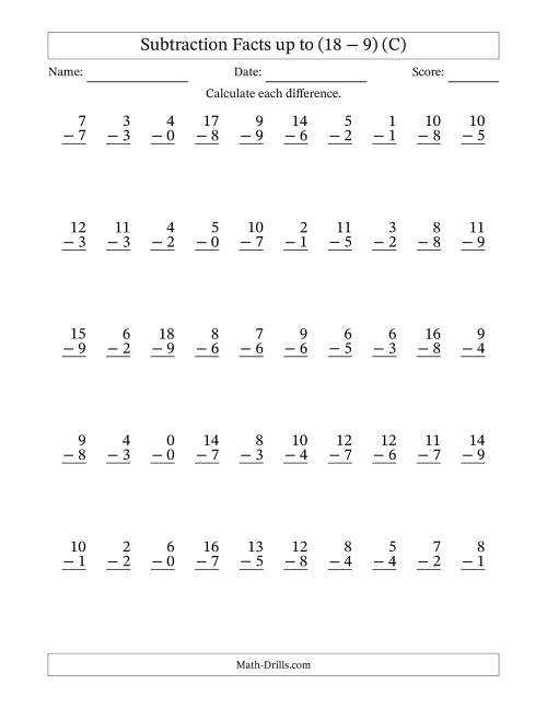 The Subtraction Facts from (0 − 0) to (18 − 9) – 50 Questions (C) Math Worksheet