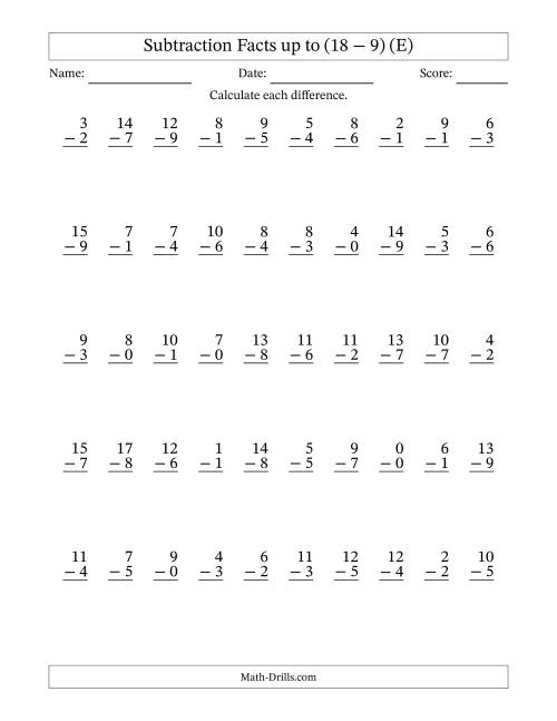 The Subtraction Facts from (0 − 0) to (18 − 9) – 50 Questions (E) Math Worksheet